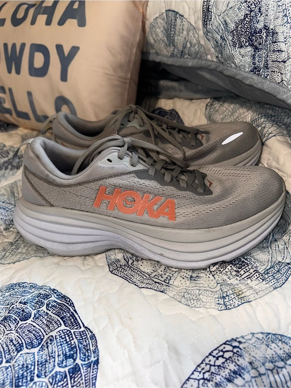 Hoka womens Gray Sneakers with Orange Logo Accents